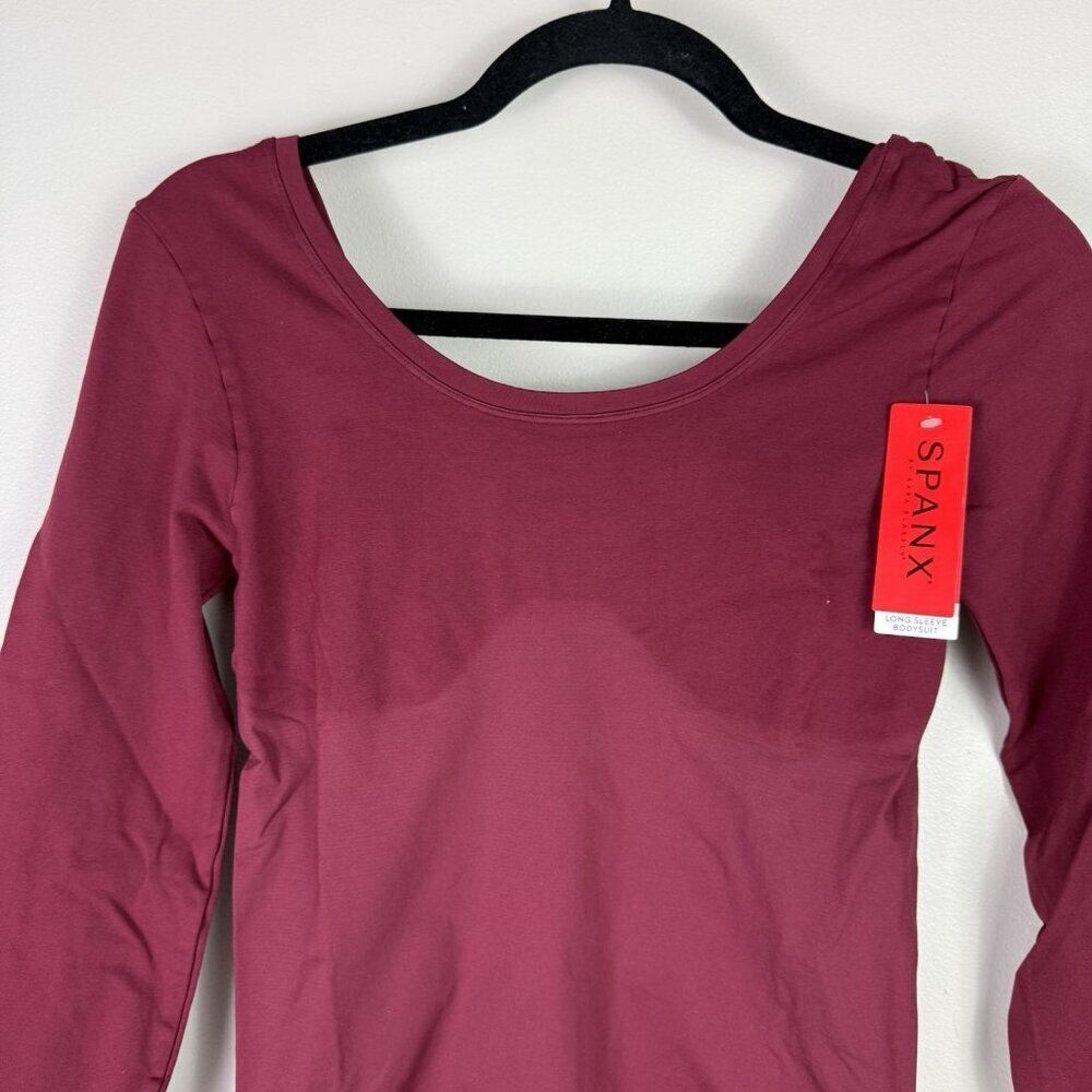 Spanx Long Sleeve Bodysuit Womens L Maroon Red Shapewear Smoothing Top NWT - Picture 2 of 8
